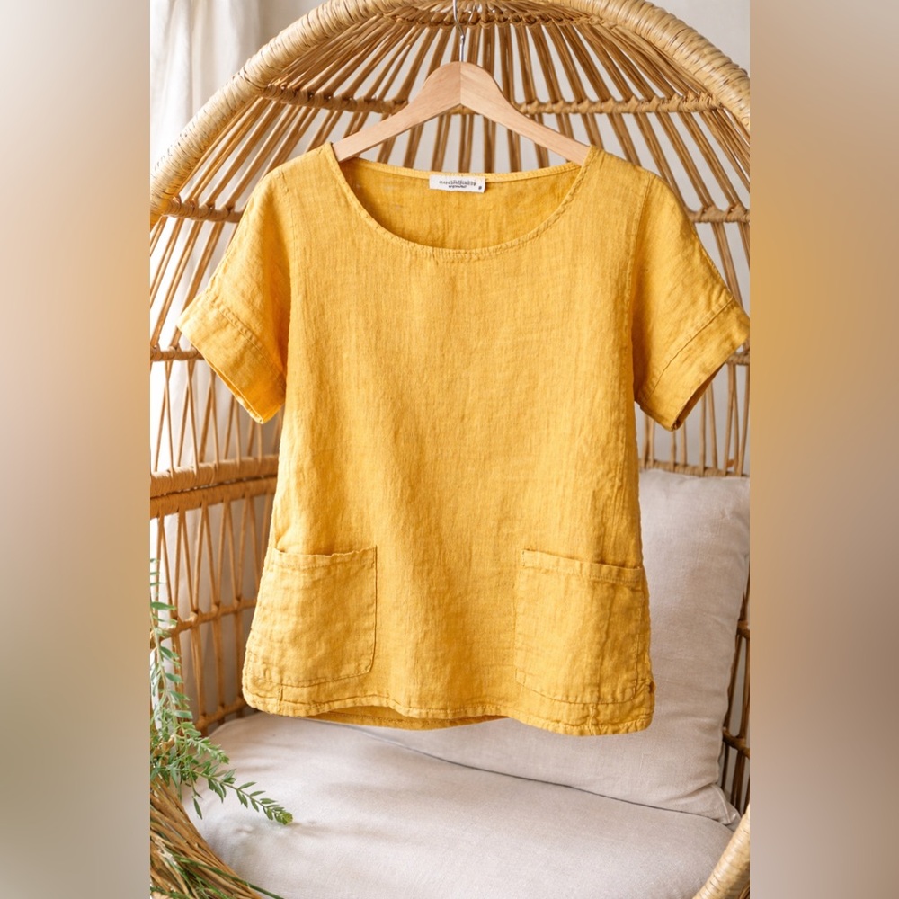 Francesca Bettini Italian Linen Top Mustard Yellow Pocket Tee Made in Italy M